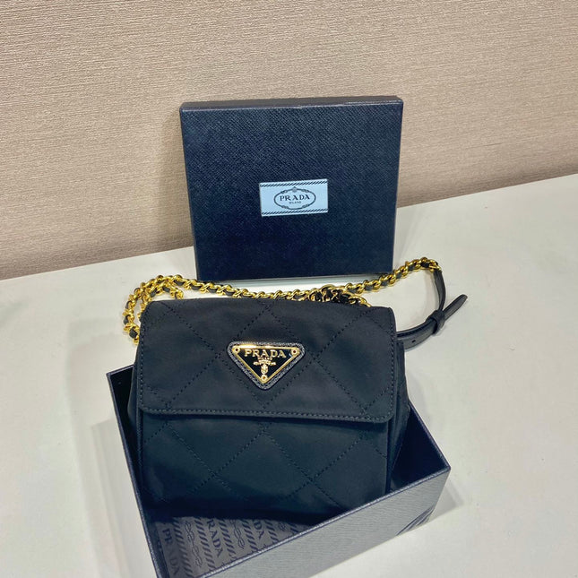 MINI QUILTED FLAP BAG 14 IN BLACK RE-NYLON FABRIC GOLD CHAIN