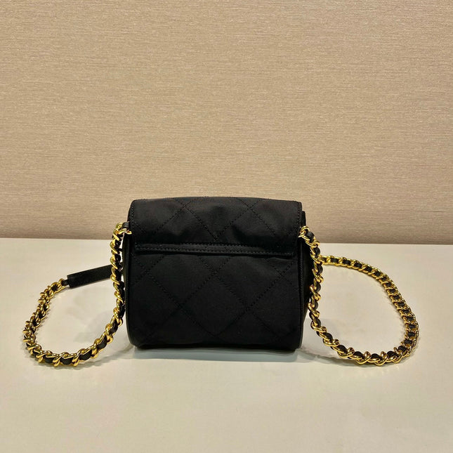 MINI QUILTED FLAP BAG 14 IN BLACK RE-NYLON FABRIC GOLD CHAIN