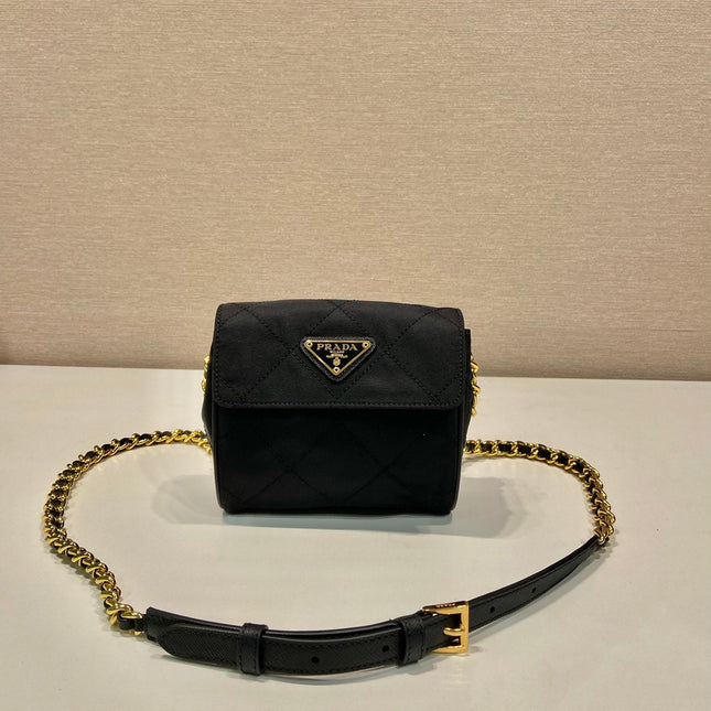 MINI QUILTED FLAP BAG 14 IN BLACK RE-NYLON FABRIC GOLD CHAIN