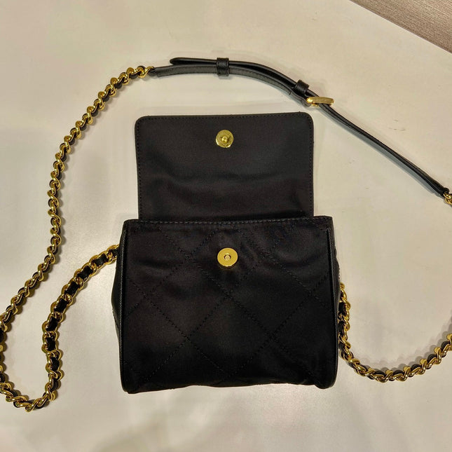 MINI QUILTED FLAP BAG 14 IN BLACK RE-NYLON FABRIC GOLD CHAIN