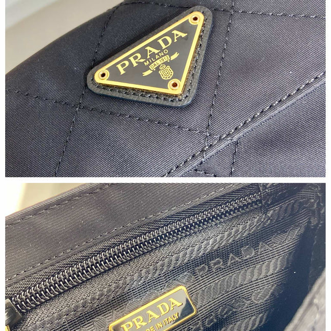 MINI QUILTED FLAP BAG 14 IN BLACK RE-NYLON FABRIC GOLD CHAIN