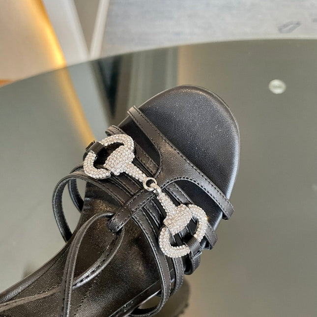 GG CRYSTAL HORSEBIT SANDAL BLACK LAMBSKIN