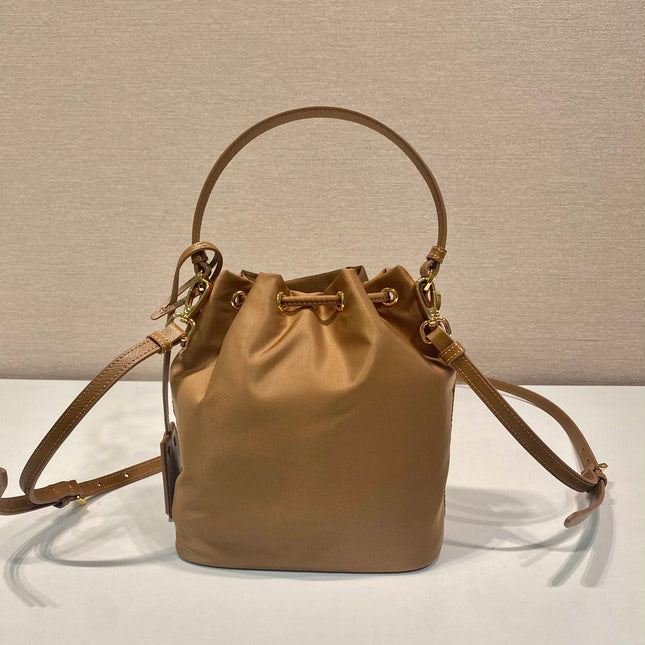 BUCKET BAG 19 IN RUSSET BROWN RE-NYLON AND CALFSKIN HANDLE