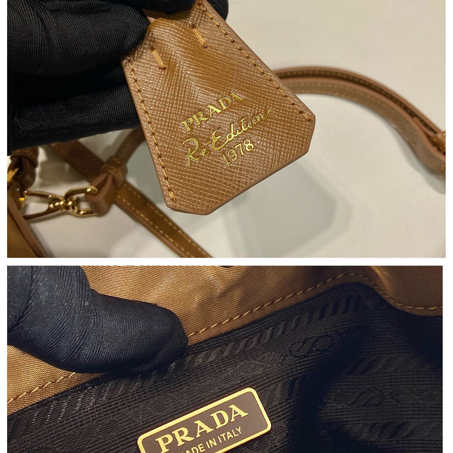 BUCKET BAG 19 IN RUSSET BROWN RE-NYLON AND CALFSKIN HANDLE