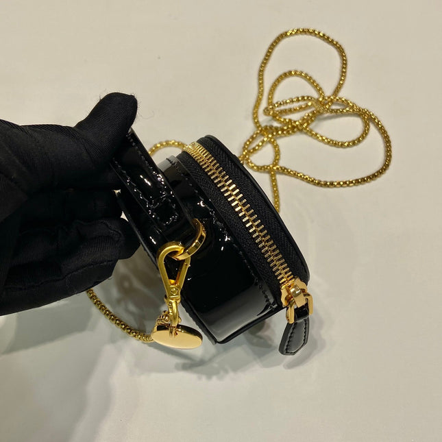 MINI ROUND BAG 8 IN BLACK GLOSSY CALFSKIN GOLD HARDWARE