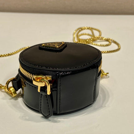 MINI ROUND BAG 8 IN BLACK GLOSSY CALFSKIN GOLD HARDWARE