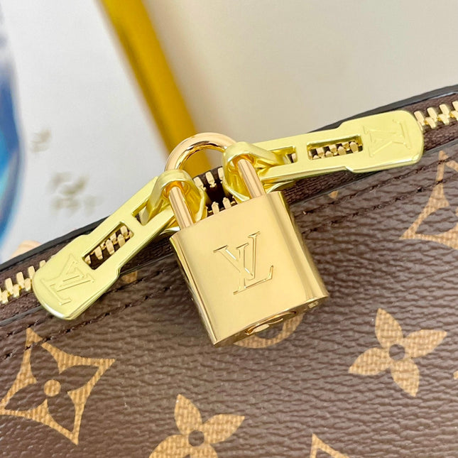 ALMA BACKPACK 20 IN BROWN MONOGRAM CANVAS AND BEIGE CALFSKIN TRIM GOLD BUCKLE