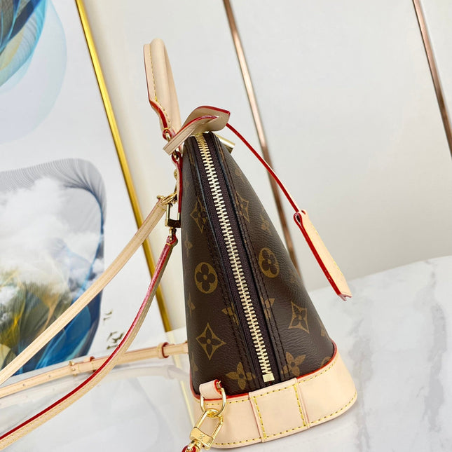 ALMA BACKPACK 20 IN BROWN MONOGRAM CANVAS AND BEIGE CALFSKIN TRIM GOLD BUCKLE