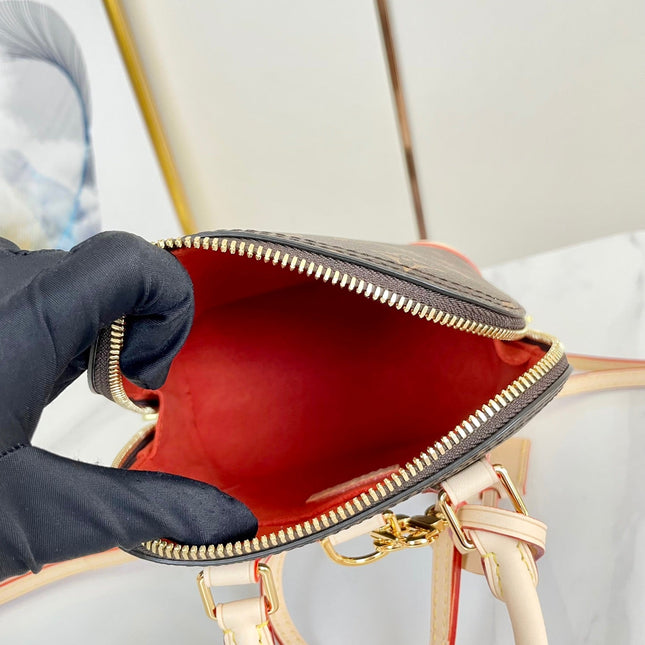 ALMA BACKPACK 20 IN BROWN MONOGRAM CANVAS AND BEIGE CALFSKIN TRIM GOLD BUCKLE