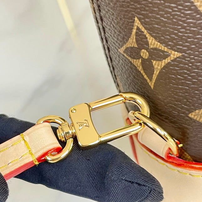 ALMA BACKPACK 20 IN BROWN MONOGRAM CANVAS AND BEIGE CALFSKIN TRIM GOLD BUCKLE