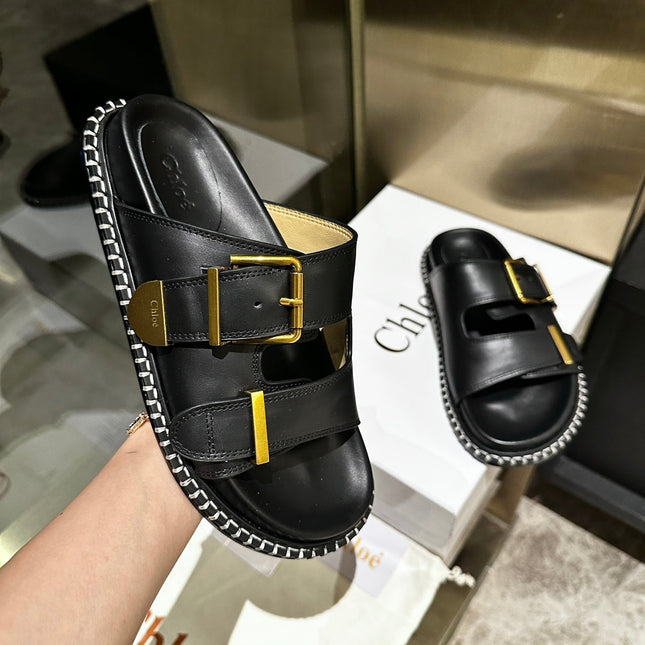 DAD SANDALS IN BLACK CALFSKIN WITH GOLD HARDWARE