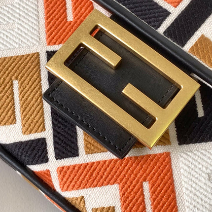 Fend Baguette Black White Brown Orange Canvas Bag 27 with FF Embroidery Ghw