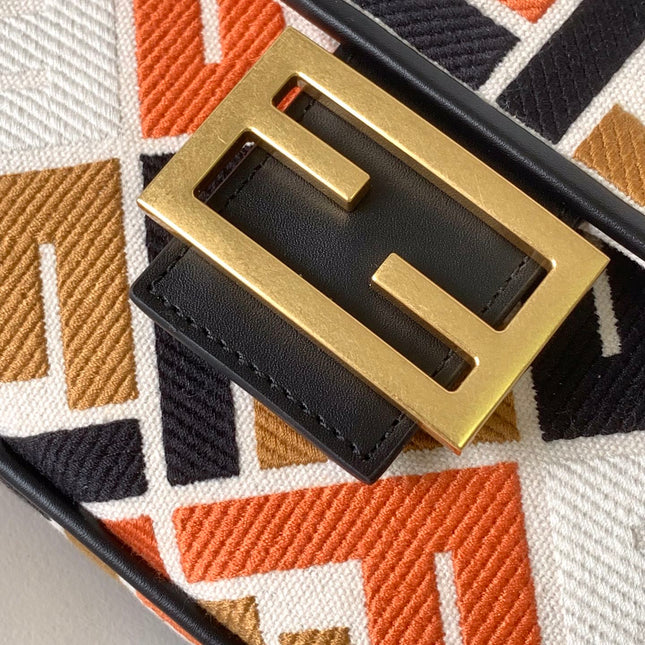 Fend Baguette Black White Brown Orange Canvas Bag 27 with FF Embroidery Ghw