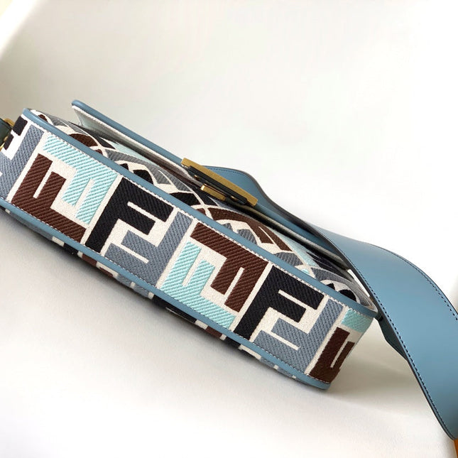 Fend Baguette Sky Blue and Multicolour Canvas Bag 27 with FF Embroidery Ghw