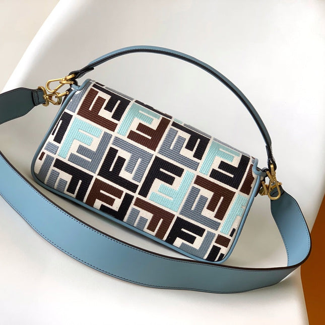 Fend Baguette Sky Blue and Multicolour Canvas Bag 27 with FF Embroidery Ghw