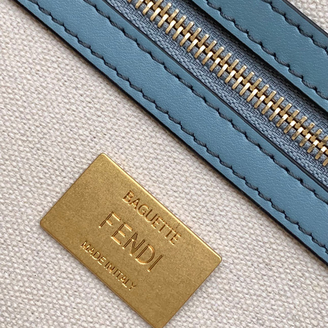 Fend Baguette Sky Blue and Multicolour Canvas Bag 27 with FF Embroidery Ghw