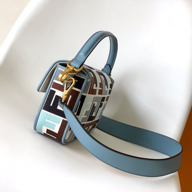 Fend Baguette Sky Blue and Multicolour Canvas Bag 27 with FF Embroidery Ghw