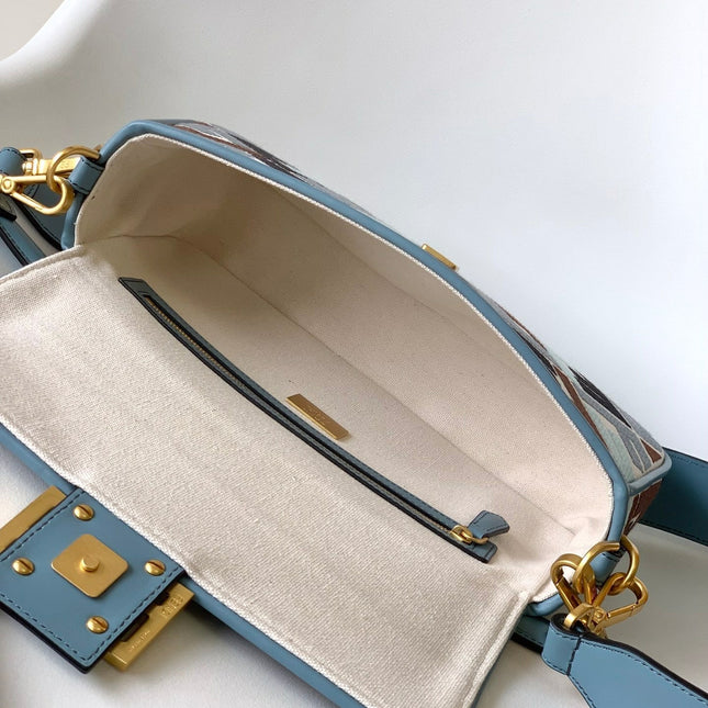 Fend Baguette Sky Blue and Multicolour Canvas Bag 27 with FF Embroidery Ghw