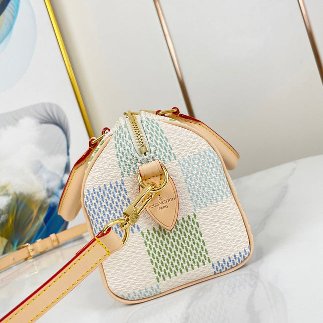 SPEEDY BANDOULIÈRE 20 IN PISTACHIO DAMIER GIANT CANVAS GOLD HARDWARE