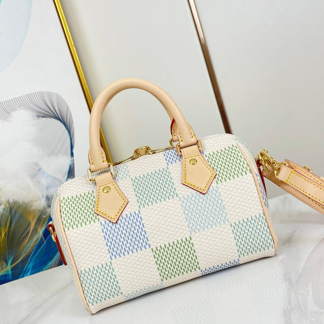 SPEEDY BANDOULIÈRE 20 IN PISTACHIO DAMIER GIANT CANVAS GOLD HARDWARE