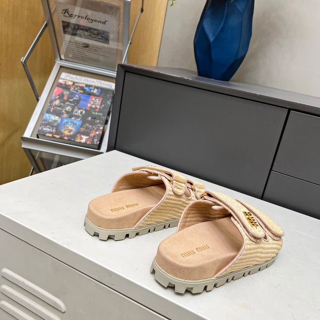 MM DOUBLE STRAP FLAT SANDALS IN BEIGE RAFFIA