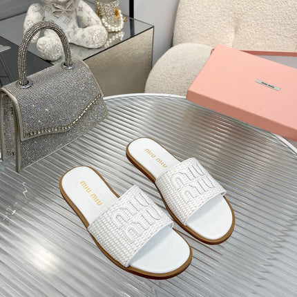 Slippers White Leather With Sedge Straps