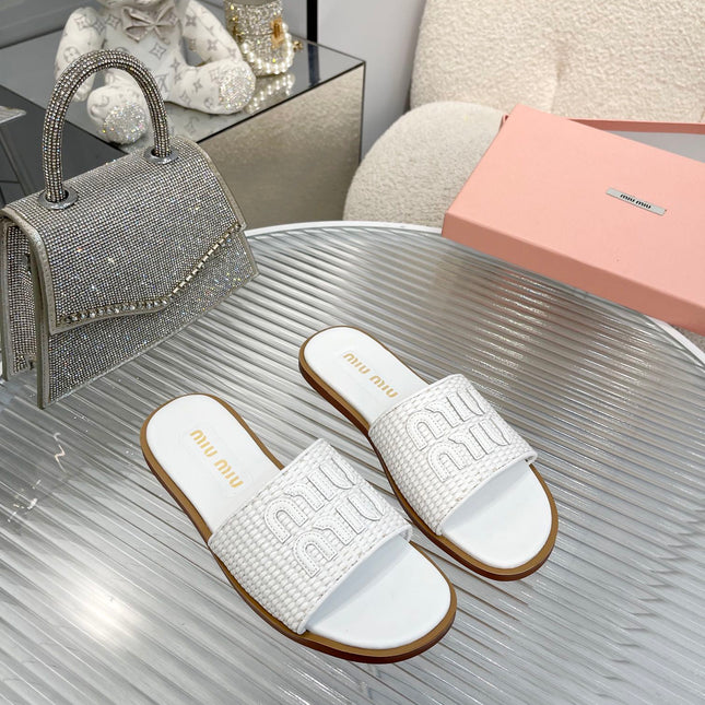 Slippers White Leather With Sedge Straps