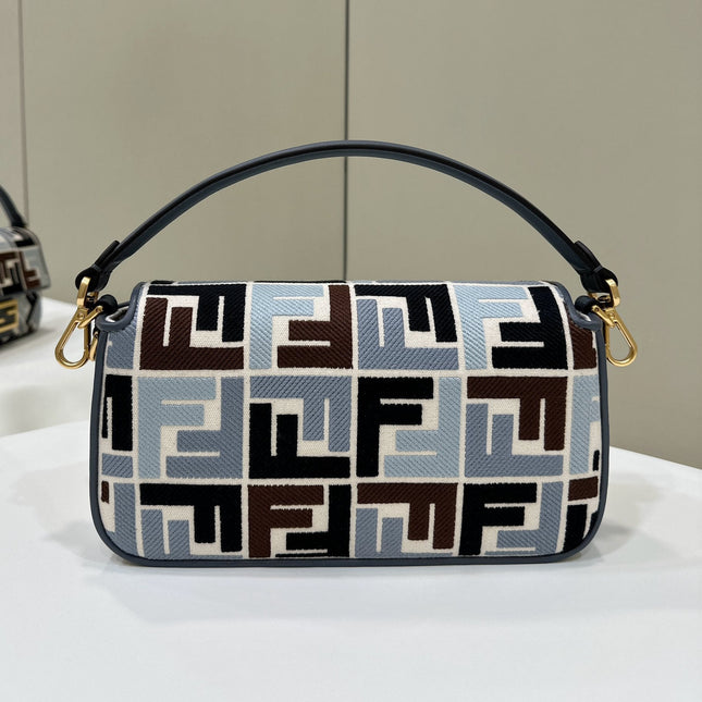 BAGUETTE CANVAS 27 BAG BLACK STRAP WITH MULTICOLOUR EMBROIDERY GOLD HARDWARE