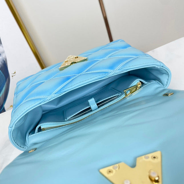 GO-14 MM 23 IN SKY BLUE QUILTED LAMBSKIN GOLD HARDWARE