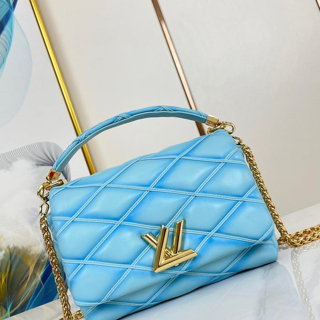 GO-14 MM 23 IN SKY BLUE QUILTED LAMBSKIN GOLD HARDWARE
