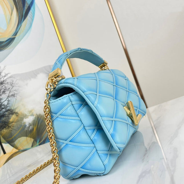GO-14 MM 23 IN SKY BLUE QUILTED LAMBSKIN GOLD HARDWARE
