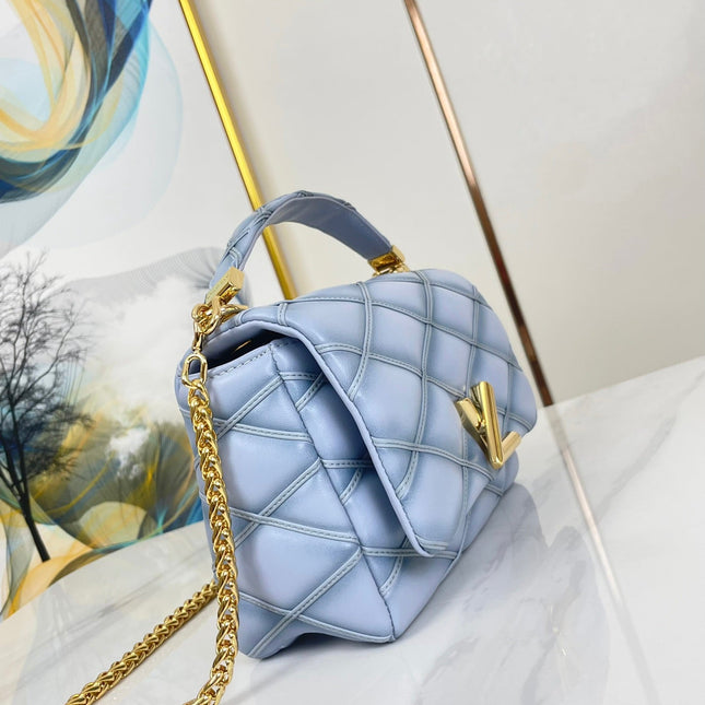 GO-14 MM 23 IN LIGHT BLUE GRAY QUILTED LAMBSKIN GOLD HARDWARE