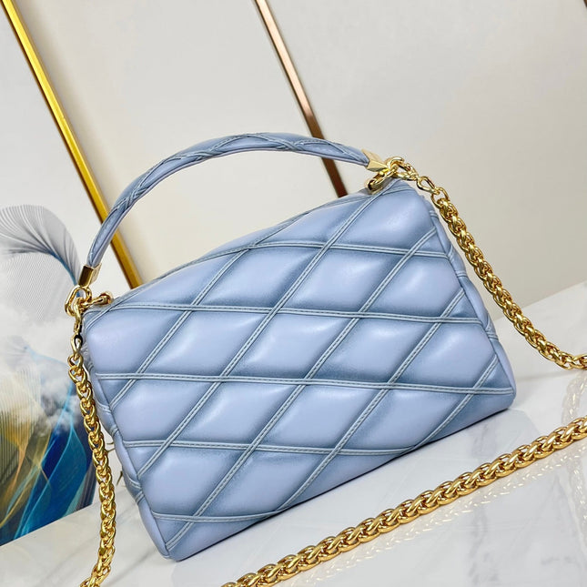 GO-14 MM 23 IN LIGHT BLUE GRAY QUILTED LAMBSKIN GOLD HARDWARE