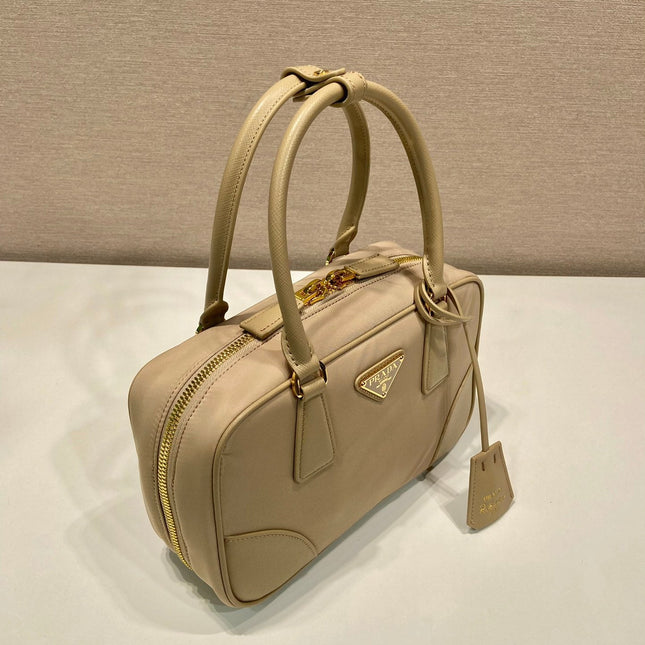 SMALL TOP HANDLE BAG 25 IN DRIED MOSS NYLON AND CALFSKIN TRIM