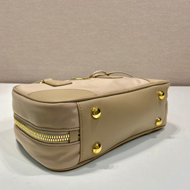 SMALL TOP HANDLE BAG 25 IN DRIED MOSS NYLON AND CALFSKIN TRIM