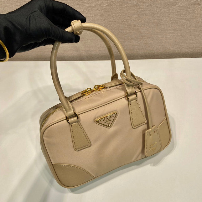 SMALL TOP HANDLE BAG 25 IN DRIED MOSS NYLON AND CALFSKIN TRIM