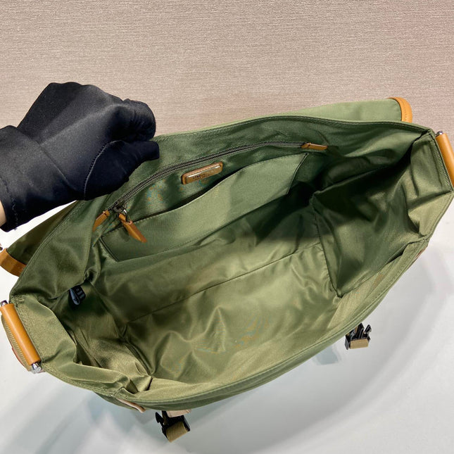 LARGE FLAP BAG 30 IN SEAWEED GREEN RE-NYLON AND BROWN CALFSKIN TRIM