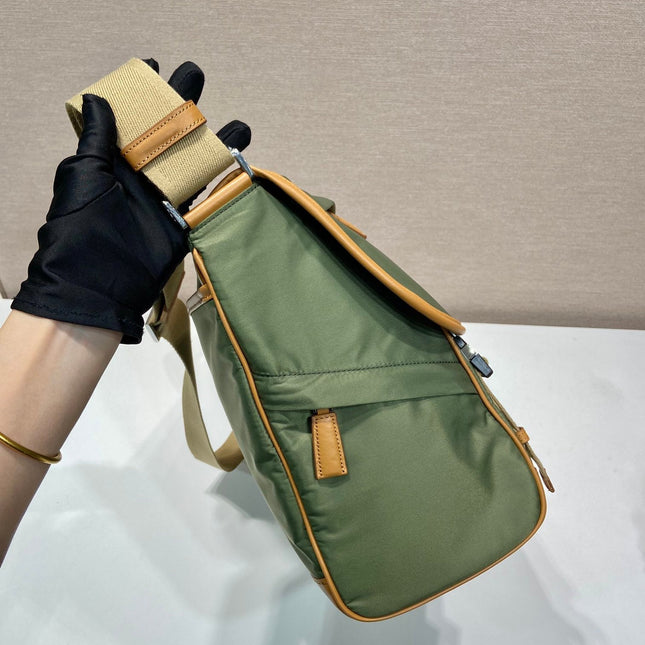 LARGE FLAP BAG 30 IN SEAWEED GREEN RE-NYLON AND BROWN CALFSKIN TRIM