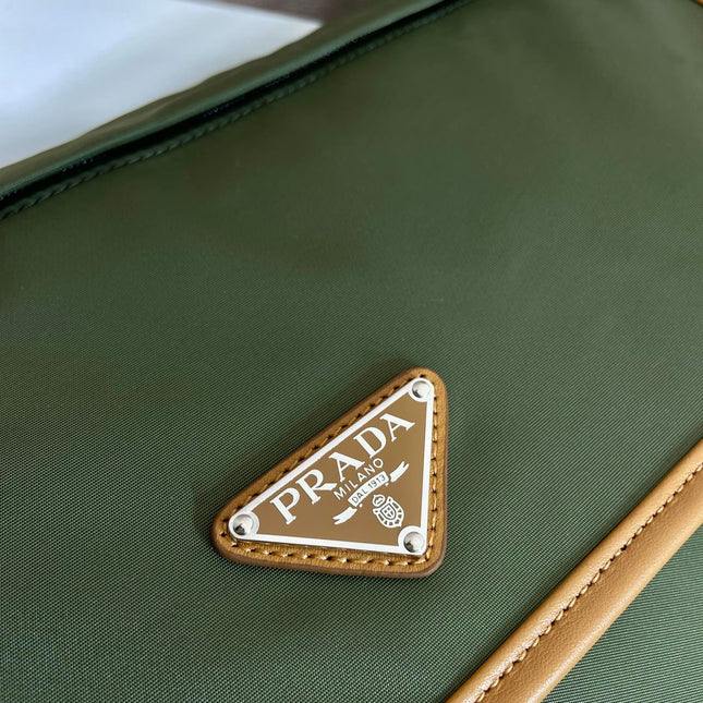 LARGE FLAP BAG 30 IN SEAWEED GREEN RE-NYLON AND BROWN CALFSKIN TRIM