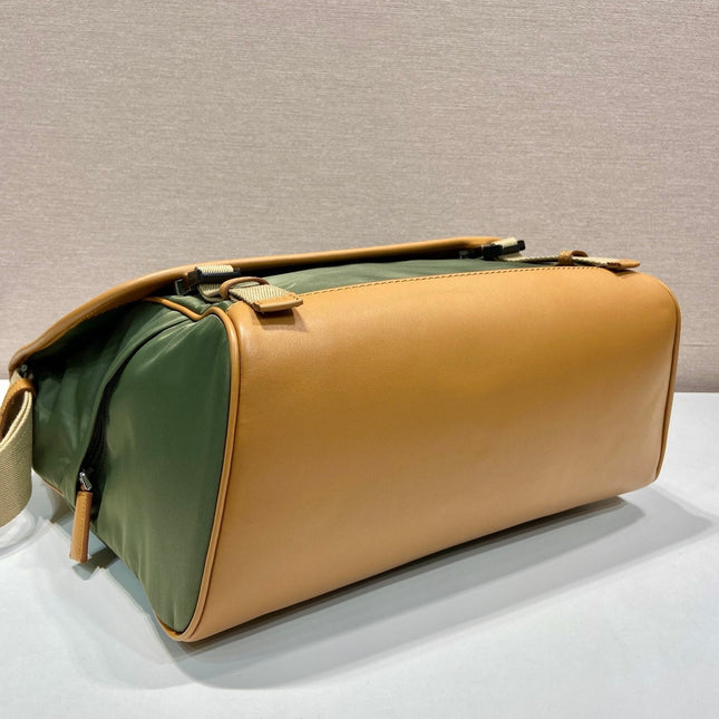 LARGE FLAP BAG 30 IN SEAWEED GREEN RE-NYLON AND BROWN CALFSKIN TRIM