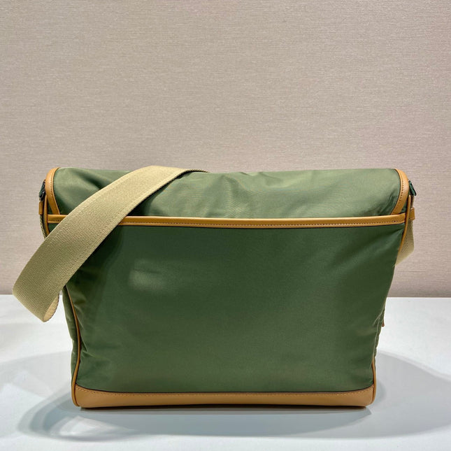 LARGE FLAP BAG 30 IN SEAWEED GREEN RE-NYLON AND BROWN CALFSKIN TRIM