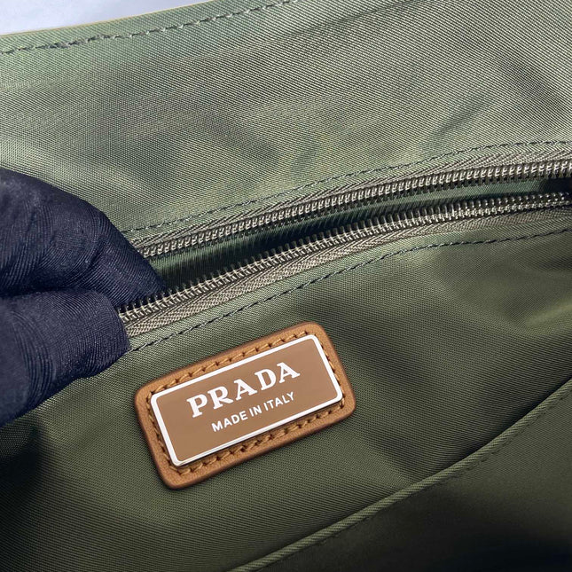 LARGE FLAP BAG 30 IN SEAWEED GREEN RE-NYLON AND BROWN CALFSKIN TRIM