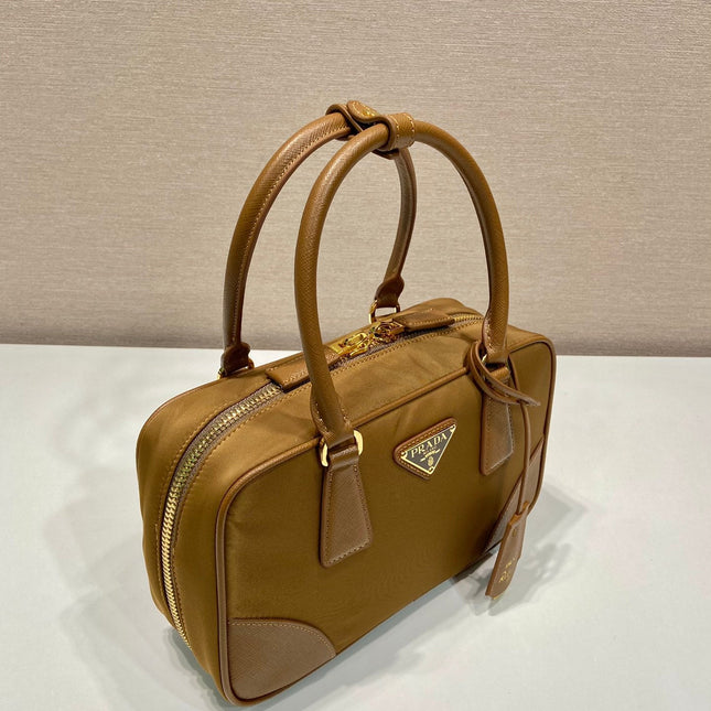 SMALL TOP HANDLE BAG 25 IN GOLDEN BROWN NYLON AND CALFSKIN TRIM