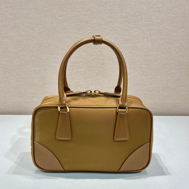 SMALL TOP HANDLE BAG 25 IN GOLDEN BROWN NYLON AND CALFSKIN TRIM