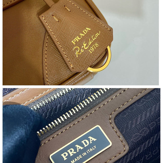 SMALL TOP HANDLE BAG 25 IN GOLDEN BROWN NYLON AND CALFSKIN TRIM