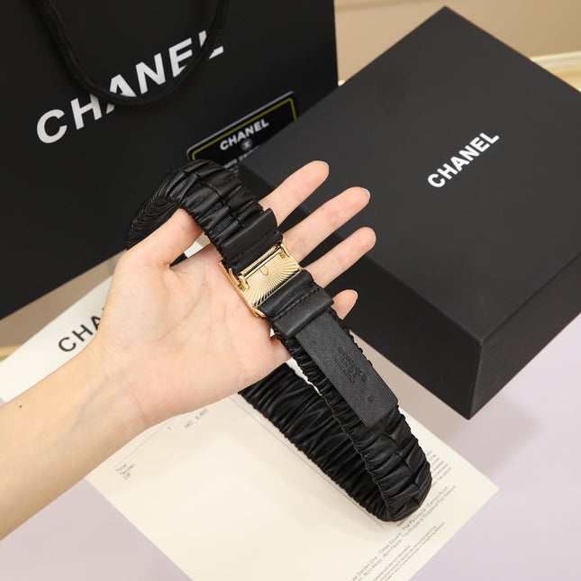 CC 30 MM SQUARE BUCKLE BELT IN BLACK CALFSKIN WITH GOLD MIX BLACK HARDWARE