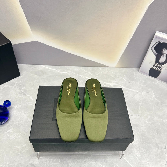 SL SQUARE TOE FLAT MULES MOSS SATIN