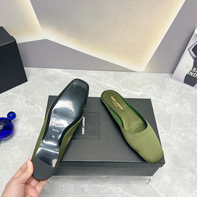 SL SQUARE TOE FLAT MULES MOSS SATIN