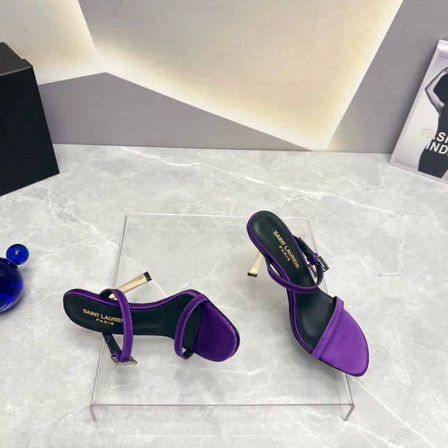 SL CRYSTAL BUCKLE HIGH HEELS VIOLET SATIN