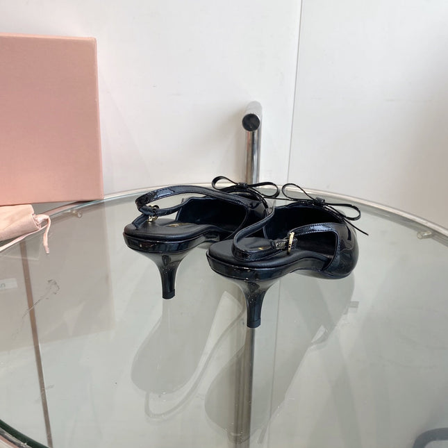 HIGH-SLINGBACK POINTED TOE SANDALS BLACK COWHIDE WITH BOW